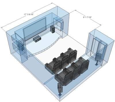 The blueprint of a home theatre with 6 cinema-type seats facing a TV.